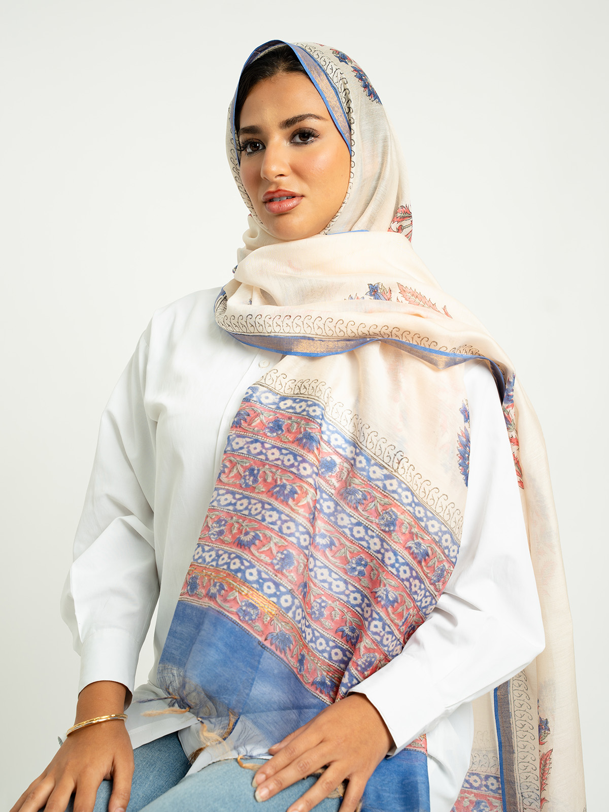 Indigo Coral Bloom Printed Tarha