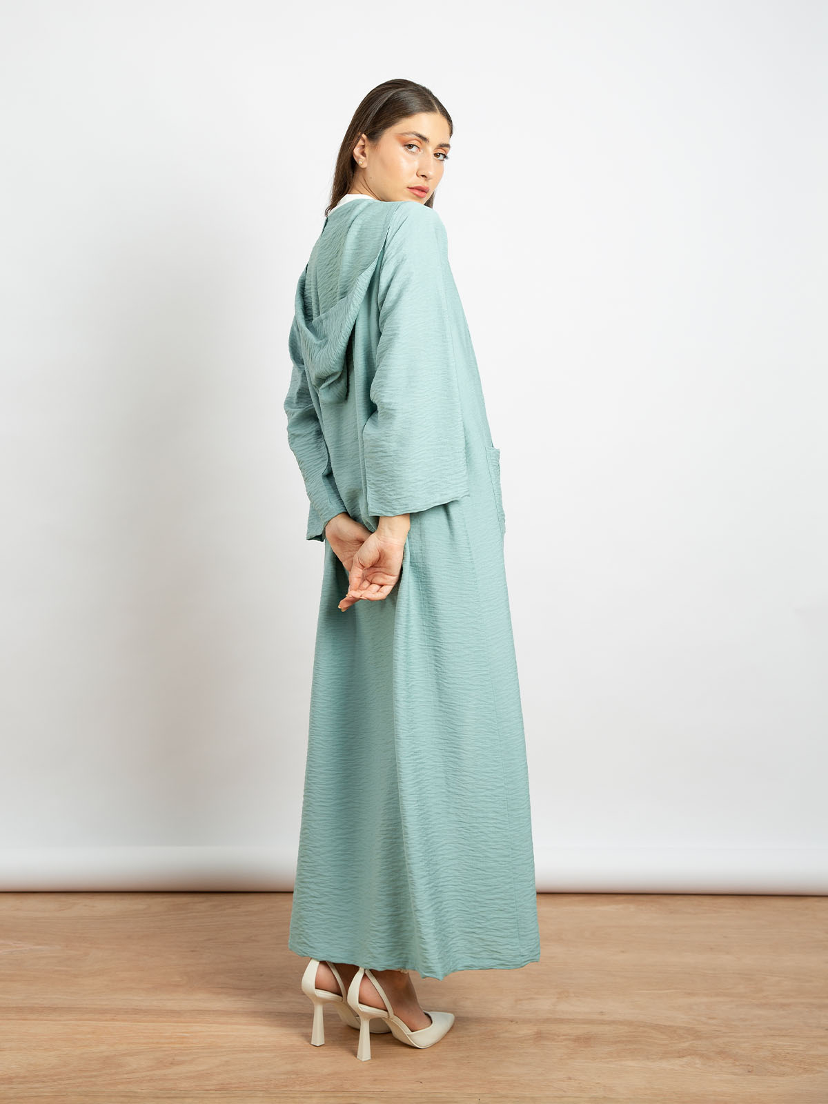 Tiffany - Long Open Regular-fit Abaya in Linen-feel Crepe with Hoodie
