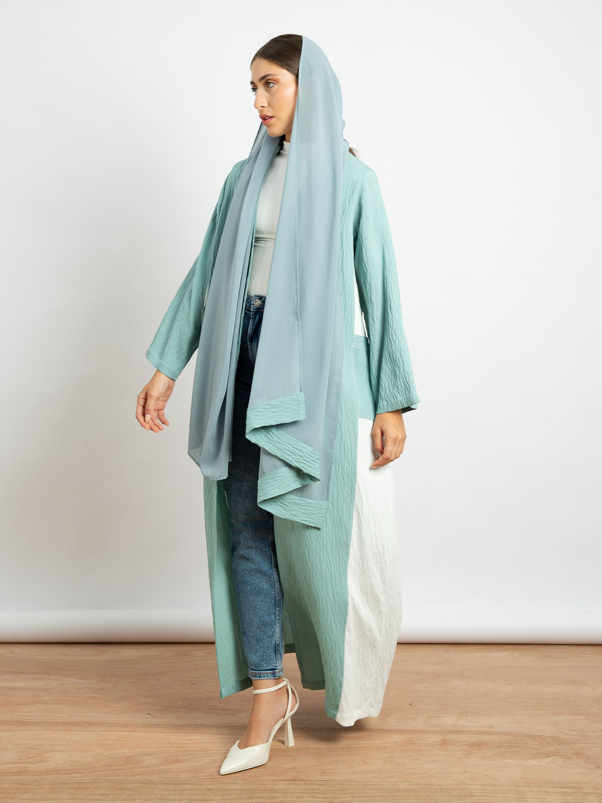 Tiffany with White - Two Colors Long Open Abaya in Linen-feel Crepe with Pockets 