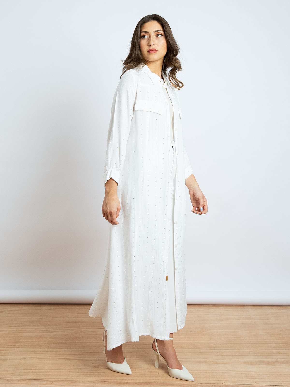 Kaafmeem women clothing regular fit cut white color midi fancy sequin shirt abaya in lightweight fabric for Ramadan nights