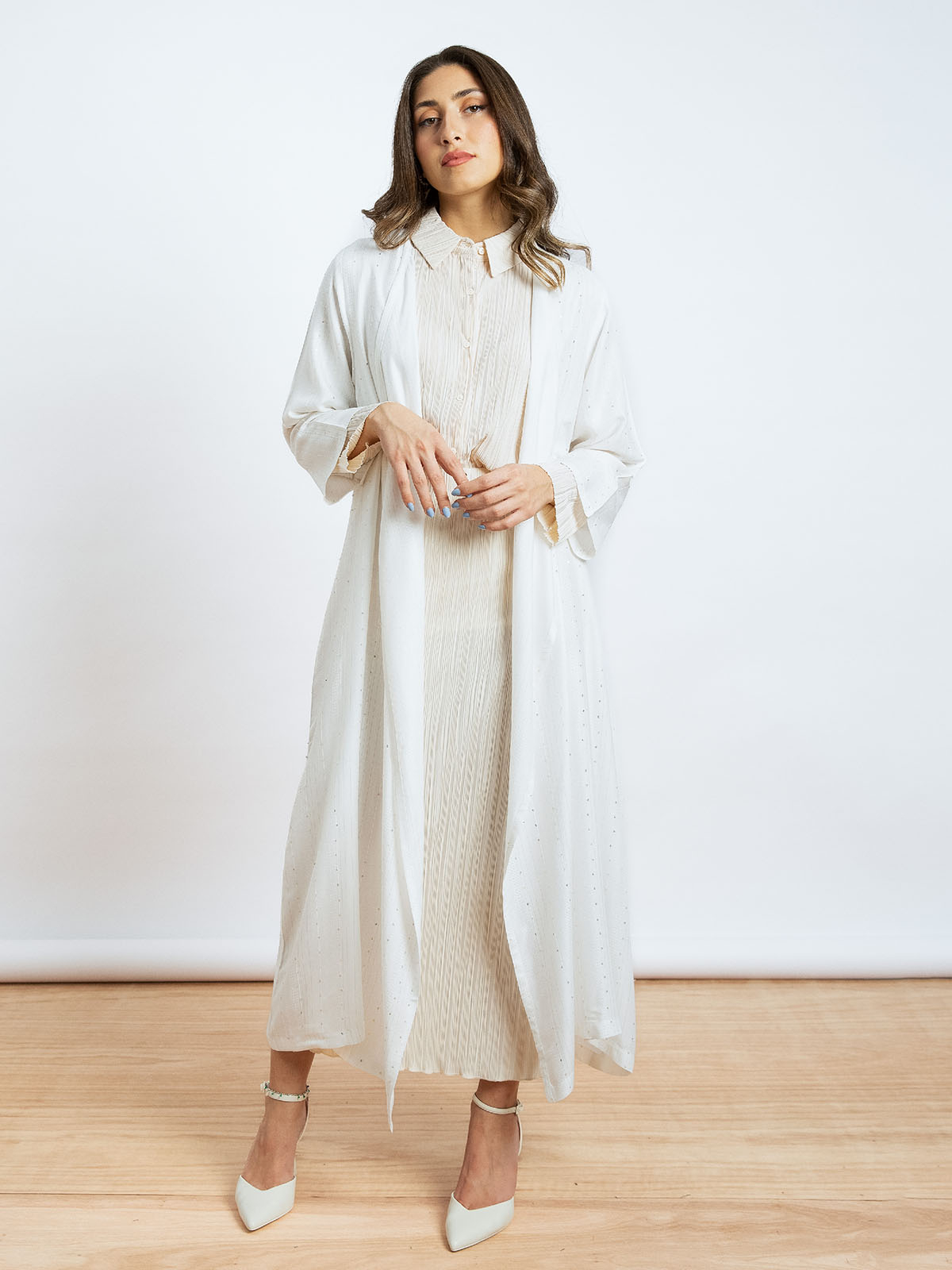 Kaafmeem women clothing regular fit cut white color midi fancy sequin abaya in lightweight fabric for Ramadan nights