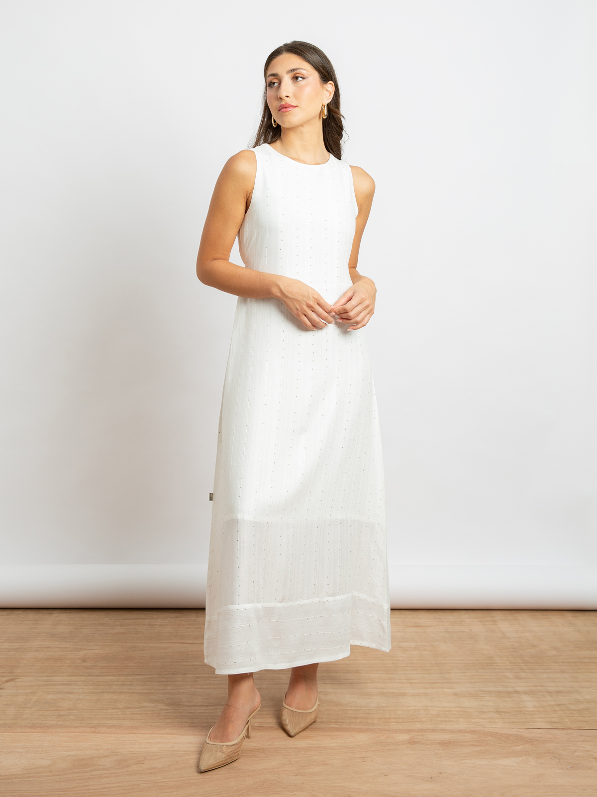 White Sequin Stripes - Sleeveless Long Dress with Belt