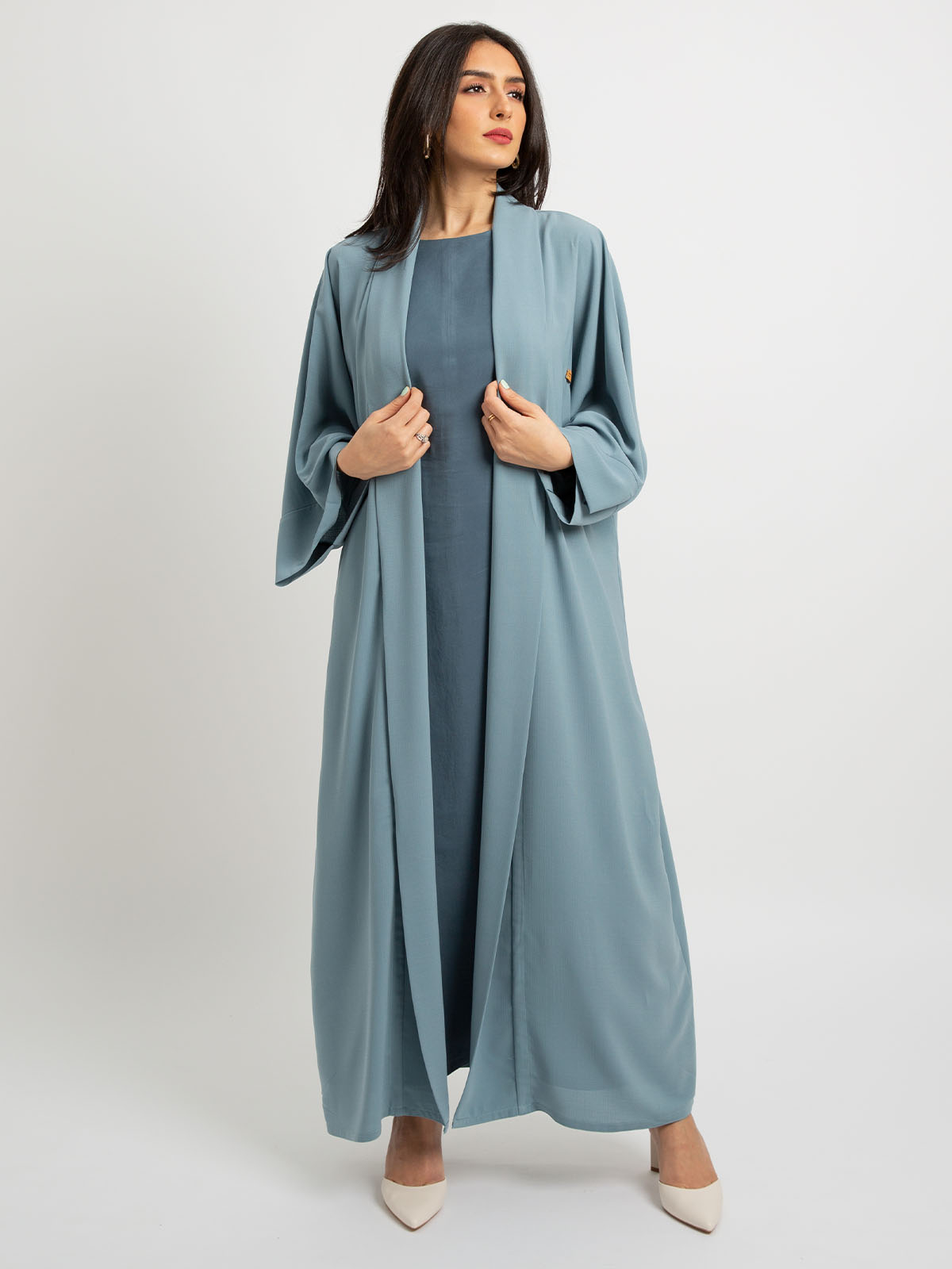Kaafmeem women clothing wide cut blue color open long kimono abaya in lightweight fabric