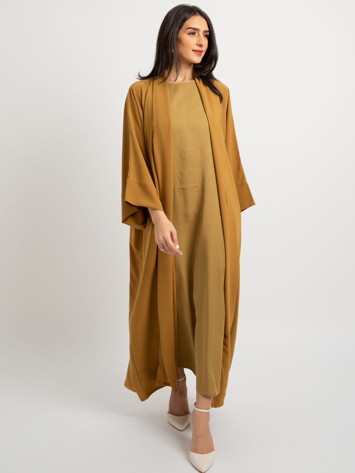 Kaafmeem women clothing wide cut mustard color open long kimono abaya in lightweight fabric