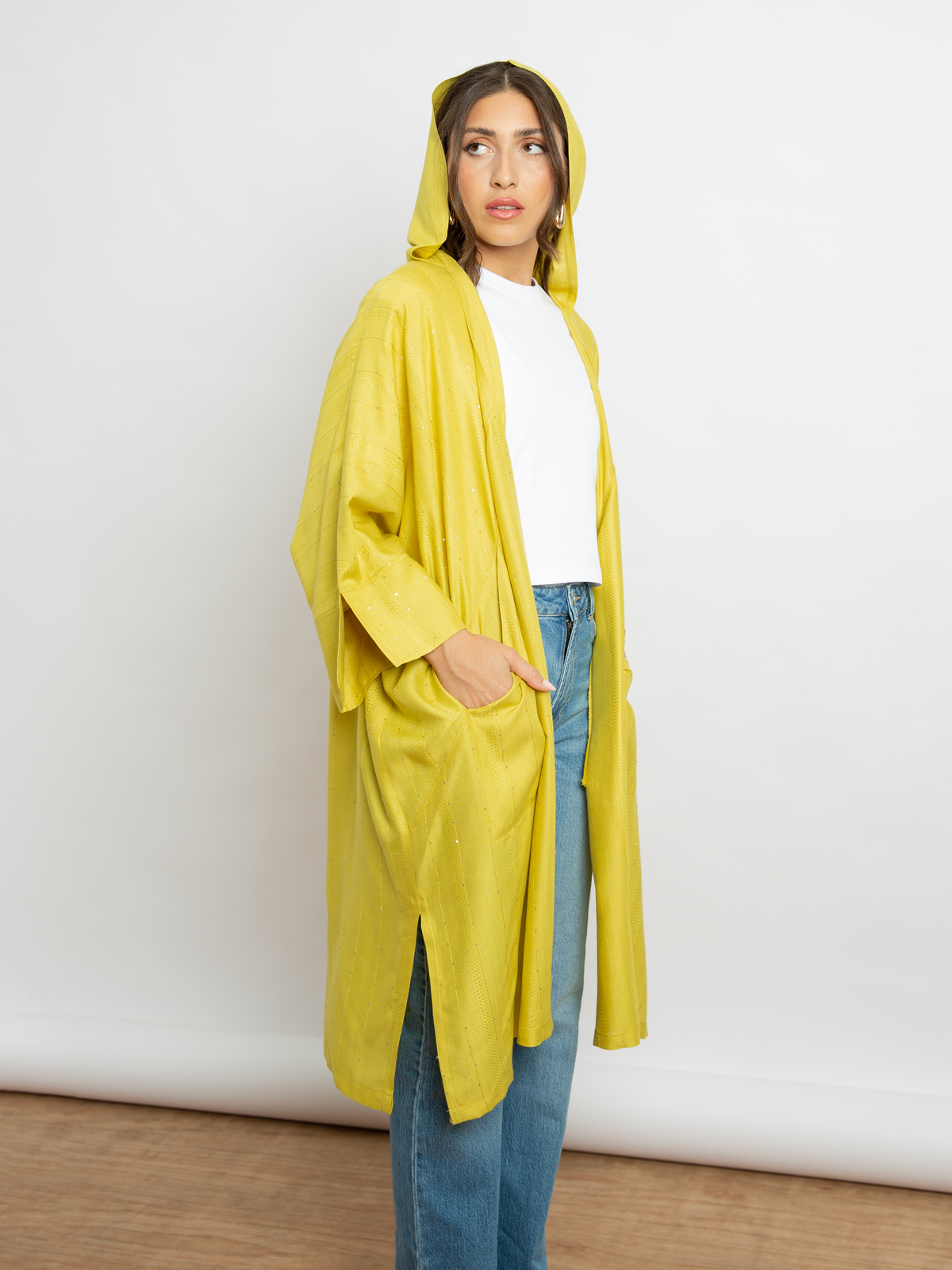 Yellow Sequin Stripes - Midi Hoodie Kimono 