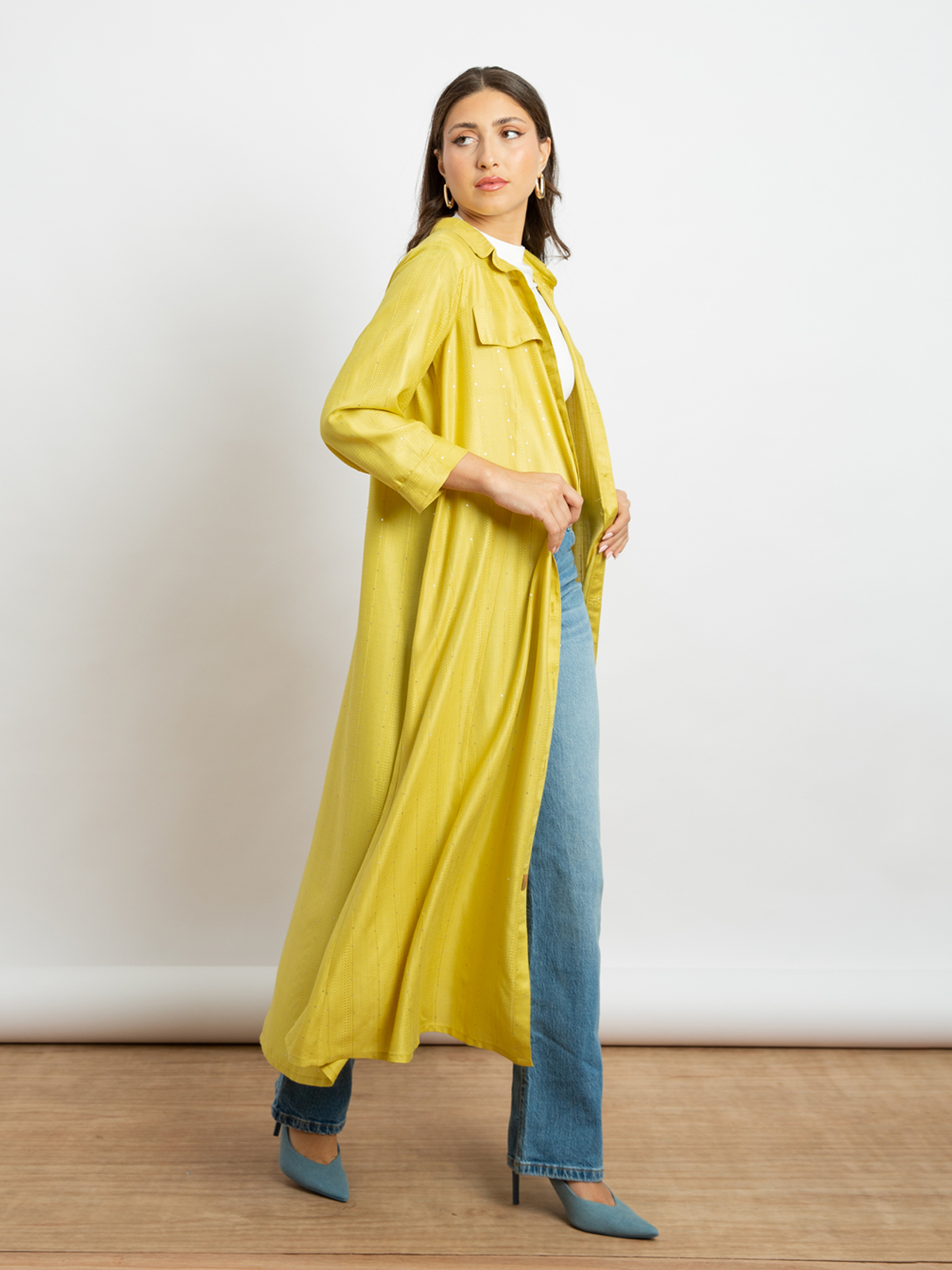 Yellow Sequin Stripes - Midi Shirt-Abaya