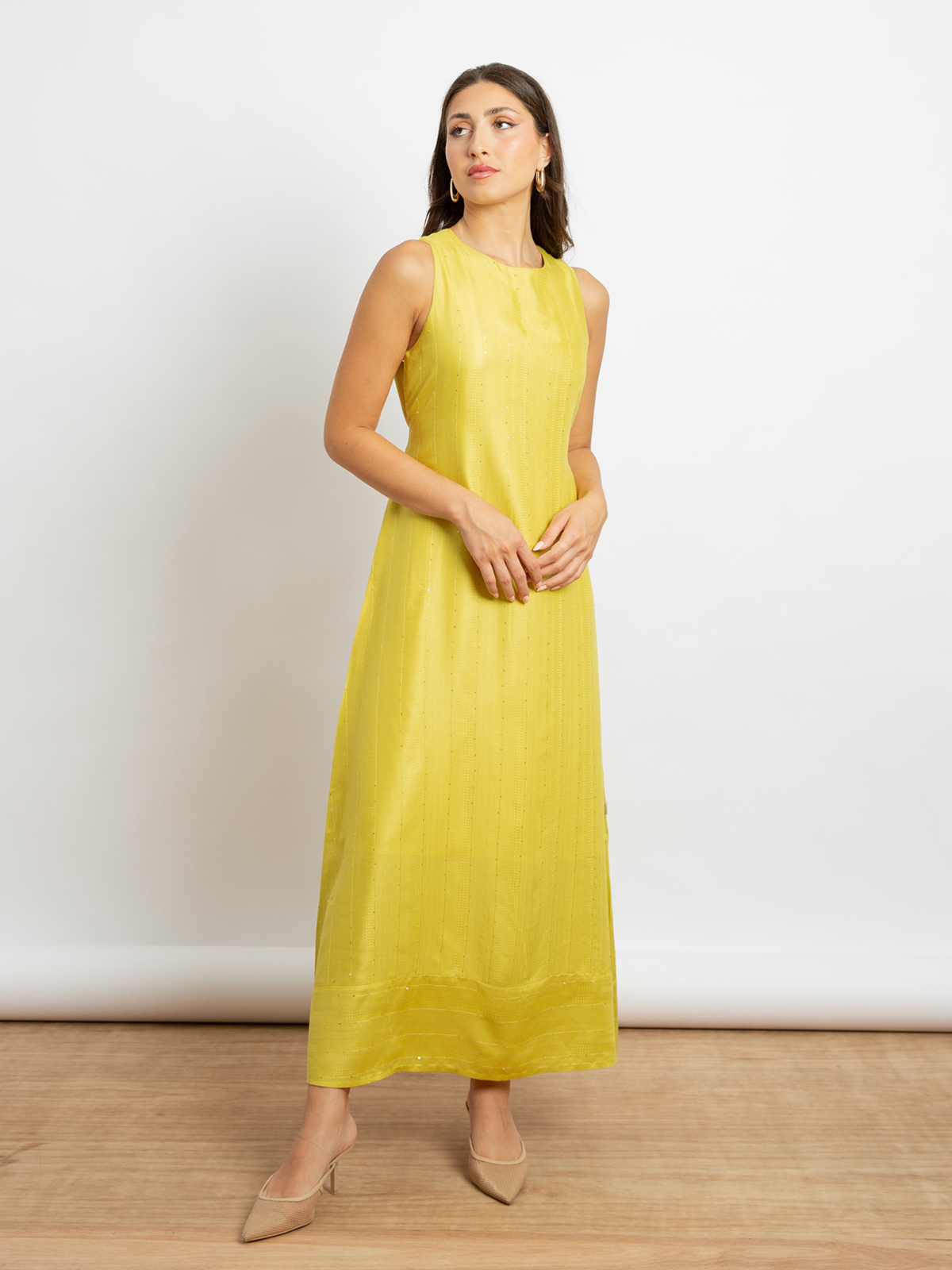Yellow Sequin Stripes - Sleeveless Long Dress with Belt